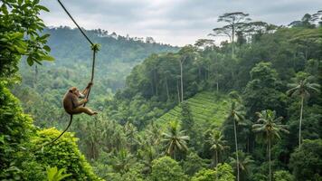 A monkey hanging from a rope in the jungle photo