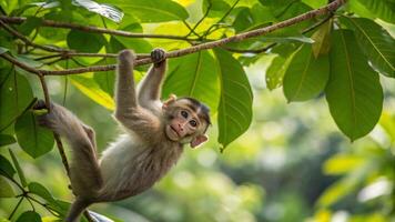 A monkey hanging from a tree branch photo