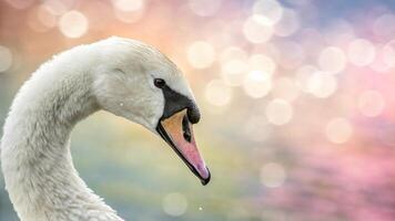 A white swan with a pink beak and long neck photo