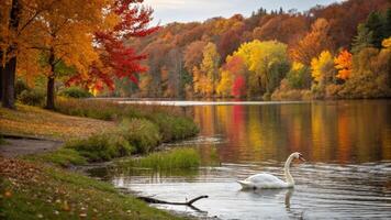 A swan swimming in the water surrounded by colorful trees photo