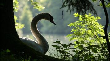 A swan is standing in the shade of a tree photo