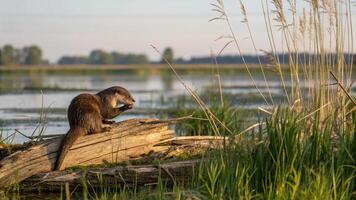 An otter is sitting on a log near a lake photo