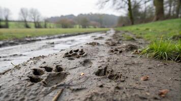 A muddy trail with dog prints in the grass photo