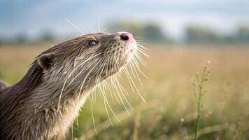 An otter looking up at the sky in a field photo