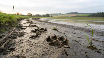 A muddy field with a dog paw print in the mud photo