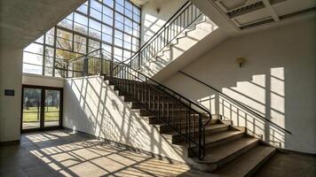 The sun shines through the windows of a building photo