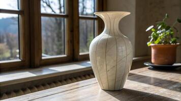 A white vase sitting on a table in front of a window photo