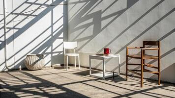 Two chairs and a table in a room with sunlight photo