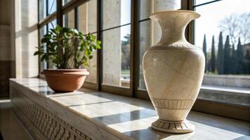 A vase sitting on a table in front of a window photo