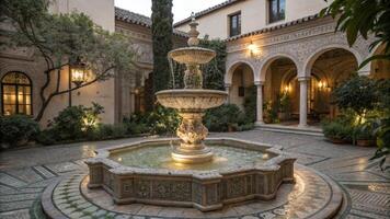 The courtyard of a mansion with a fountain photo
