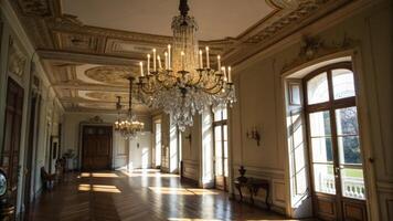 A long hallway with a chandelier and a lot of windows photo