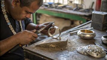 A man working on a silver ring in a workshop photo