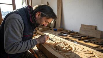 A man is working on a carved wooden piece photo