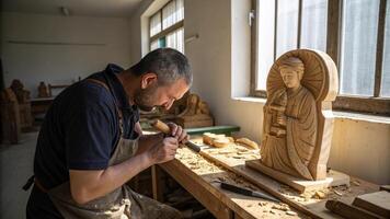 A man working on a wooden statue in his workshop photo