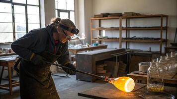 A man in a lab with a glass blowing torch photo