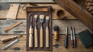 A variety of tools and tools are laid out on a wooden table photo