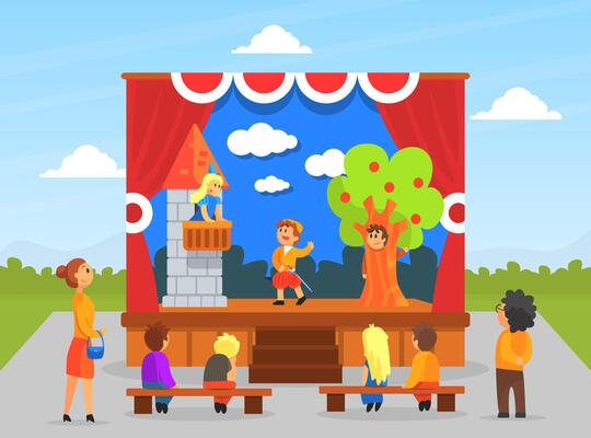 Children Theatre Performance, Kids Actors Performing on Stage with Red Curtains and Fairy Tale Castle Scenery Illustration