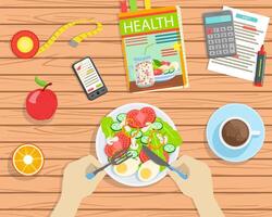Person Eating Healthy Balanced Food, Top View of Wooden Table with Delicious Dishes, Calculator, Smartphone with Calorie Counter App Flat Illustration vector