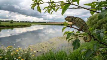 A chamelon lizard is perched on a branch near a river photo