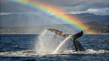 A whale is splashing water out of its mouth with a rainbow in the background photo