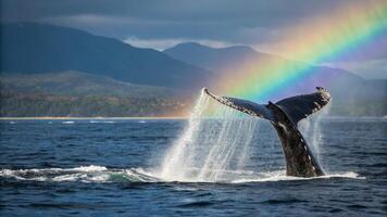 A whale tail is seen in the water with a rainbow in the background photo
