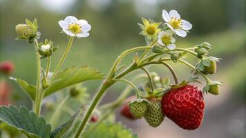 Strawberries growing in a field photo