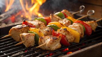 Chicken kebabs on skewers on the grill photo