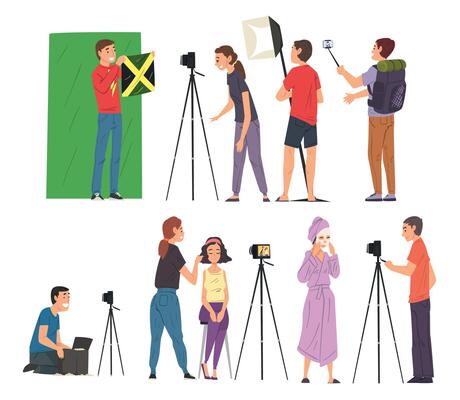 Bloggers Streaming Online Set, Cameraman, Soundman and Light Technician Recording , Social Media Blogging Cartoon Illustration