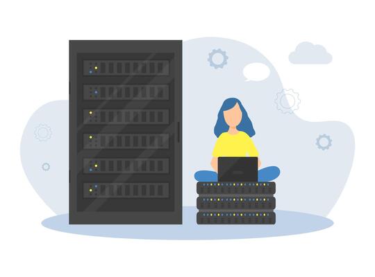 Young Woman Programmer Working with Computer in Server Room, Female System Administrator Monitoring the Operation of Servers Illustration