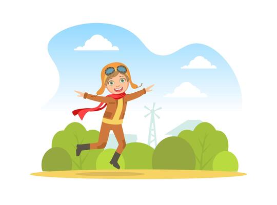 Cute Happy Girl in Retro Leather Flight Helmet and Costume Running with Outstretched Hands, Child Dreaming of Becoming Aviator Illustration