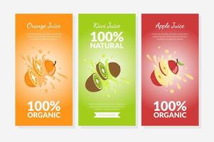 Orange, Kiwi and Apple Juice Vertical Banner Templates Set, Fruit Labels in Juice Splashes Illustration vector