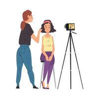 Professional Visagiste Making Makeup for Client and Recording Blog with Camera on Tripod, Blogger Showing Latest Trend Makeup Tutorials Cartoon Illustration vector