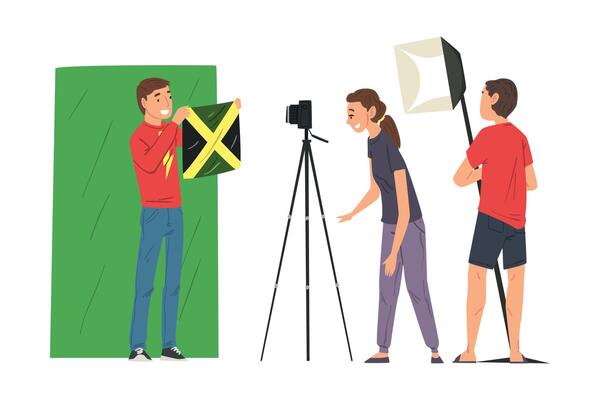 Male Blogger Streaming Online, Cameraman and Light Technician Recording , Social Media Blogging Cartoon Illustration