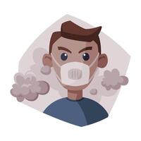 Man Wearing Protective Face Mask, People Suffering from Fine Dust and Industrial Smog, Ecological Problems, Air Pollution Illustration vector