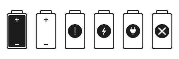 Battery Icons With Various Symbols Pixelated Icon Set. Pixel Art Symbol Collection Of Battery Levels And Power Indicators. Isolated Illustration vector