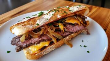 A steak sandwich with onions and cheese on a white plate photo