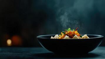 A bowl of pasta with meat and vegetables on a dark table photo