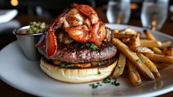 A plate of food with a burger and fries on it photo