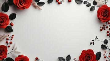 Red roses and leaves on white background photo