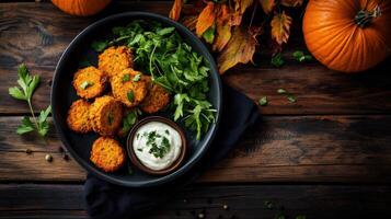 Pumpkin fries with ranch dressing on a black plate photo