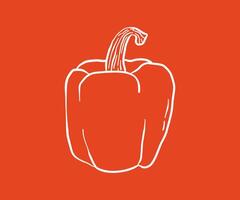 outline of a whole bell pepper on a red square background. Organic, hand-drawn vegetable ideal for recipe books, vegan food branding, and farm market visuals vector
