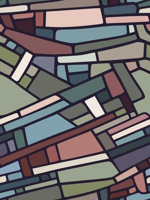 Abstract hand drawn seamless pattern with geometric brick like shapes in earthy green, blue and terracotta tones