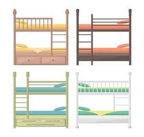 Set of bunk bed icons with sheets and pillows. Beds for overnight stays. Side view. vector
