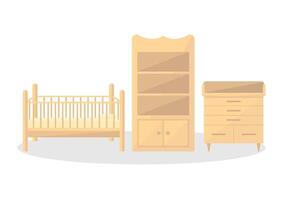 Baby crib icon with railings, wardrobe with shelves and changing table. vector