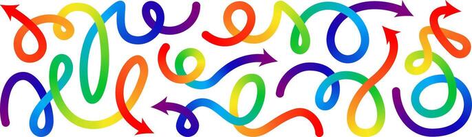 Abstract line shape color gradient arrows. 3d curve wave pattern, happy birthday fluid confetti. Liquid paint spiral swirl squiggle path, dynamic stroke, fun kid trendy ribbon. Carnival celebrate flow vector