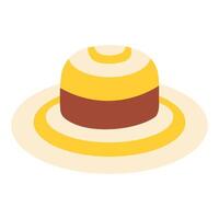 A yellow and brown hat with a brown band sits on a white background. The hat is a simple design with a round shape and a striped pattern. The hat is not very detailed, but it has a casual vector