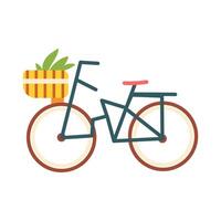 A blue bicycle with a basket on the front. The basket is filled with a bunch of bananas vector