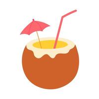 A cartoon of a coconut with a straw in it and a pink umbrella on top. The coconut is sitting on a white background vector