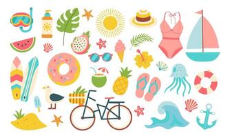A collection of beach and summer themed items including a surfboard, a bicycle, a donut, a pineapple, a boat, a pair of flip flops, a pair of sunglasses, a bottle, a cup, a hat, and a jelly vector