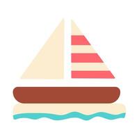 A cartoon drawing of a sailboat with a red stripe on the side. The boat is on a body of water with waves in the background. Scene is calm and peaceful, as the boat is sailing on a clear day vector
